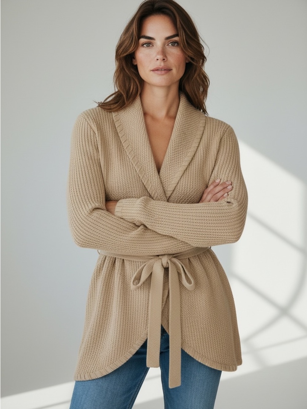 Lauren Ralph Lauren Camel Tie-Waist Textured Shawl-Collar Cardigan - Picture 7 of 7